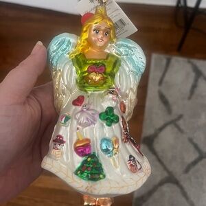 Glass Angel Holiday Ornament in White, Green & Gold - Christopher Radko